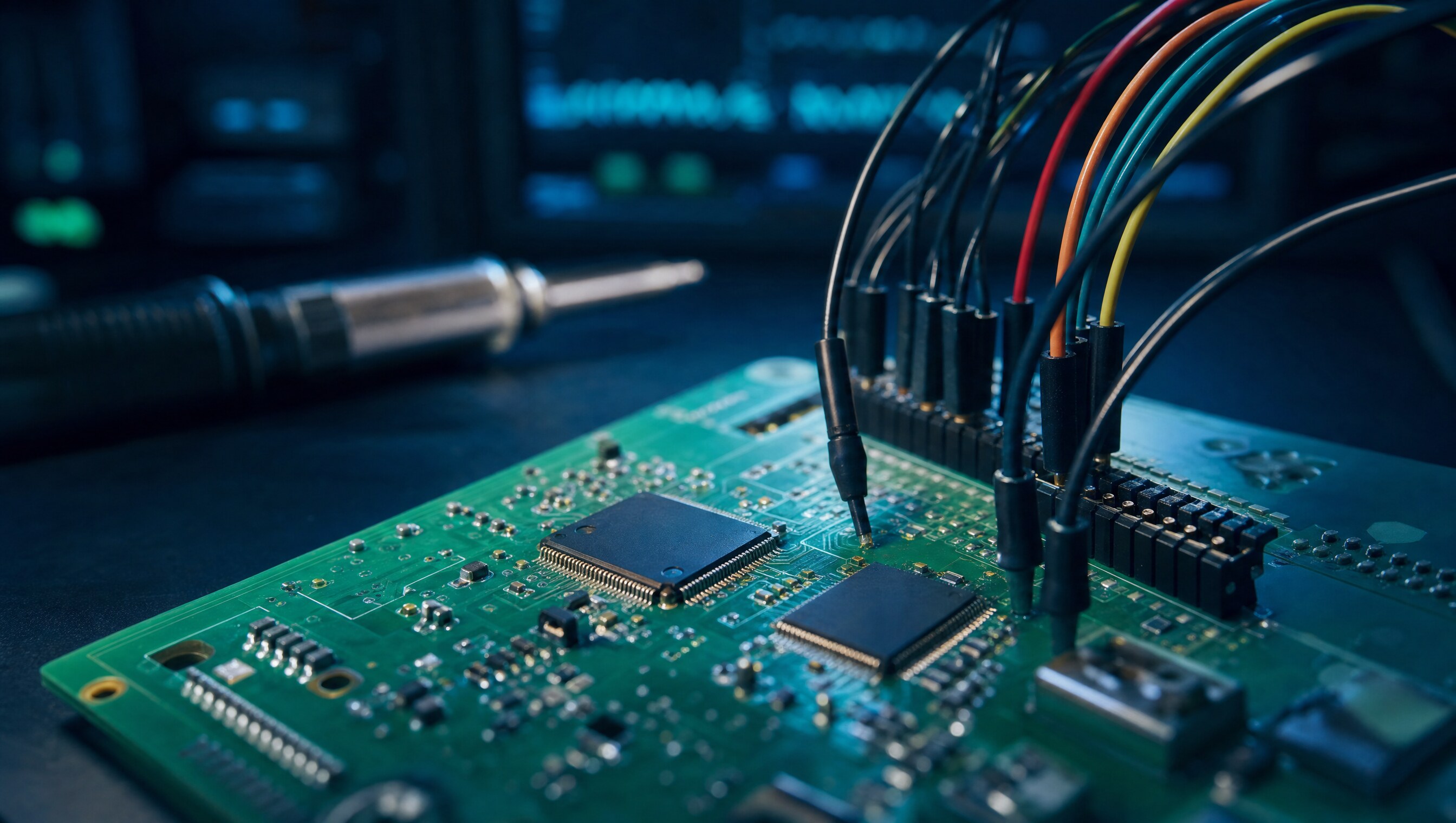 Placa electrónica conectada a herramientas de análisis durante una prueba de seguridad de hardware