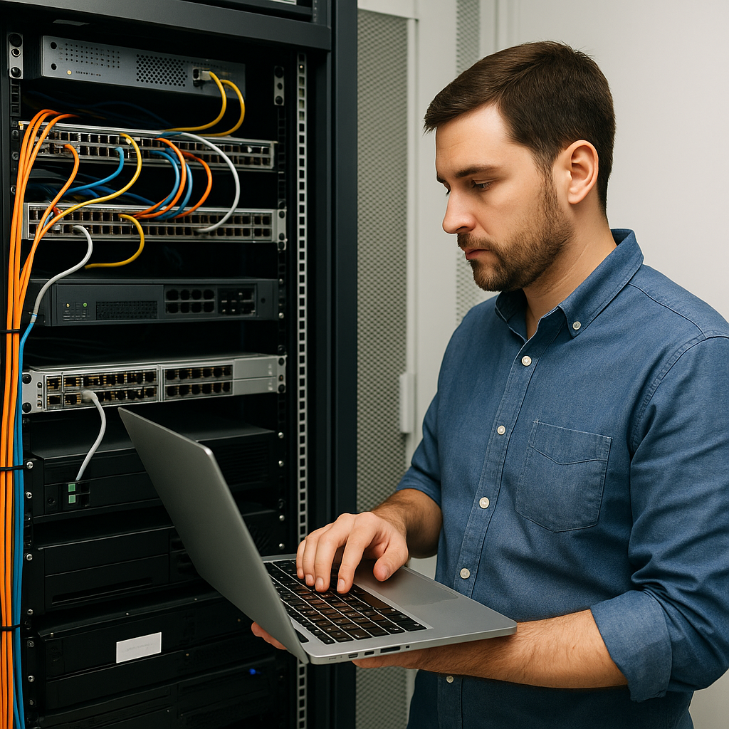 Técnico de redes realizando mantenimiento en un rack de servidores, revisando conexiones y configuraciones con una computadora portátil